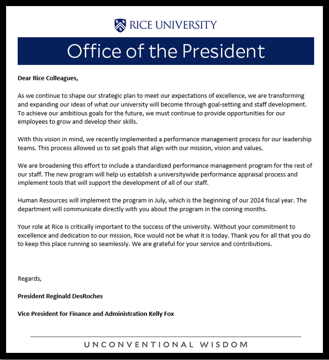 President DesRoches communication regarding the new staff performance management program
